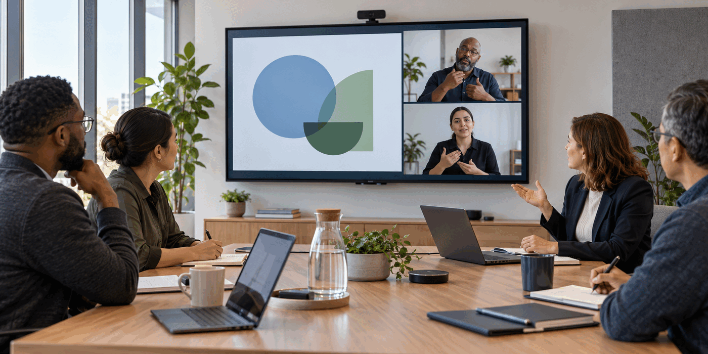 A facilitator keeps shared material and two remote participants visible during a hybrid meeting