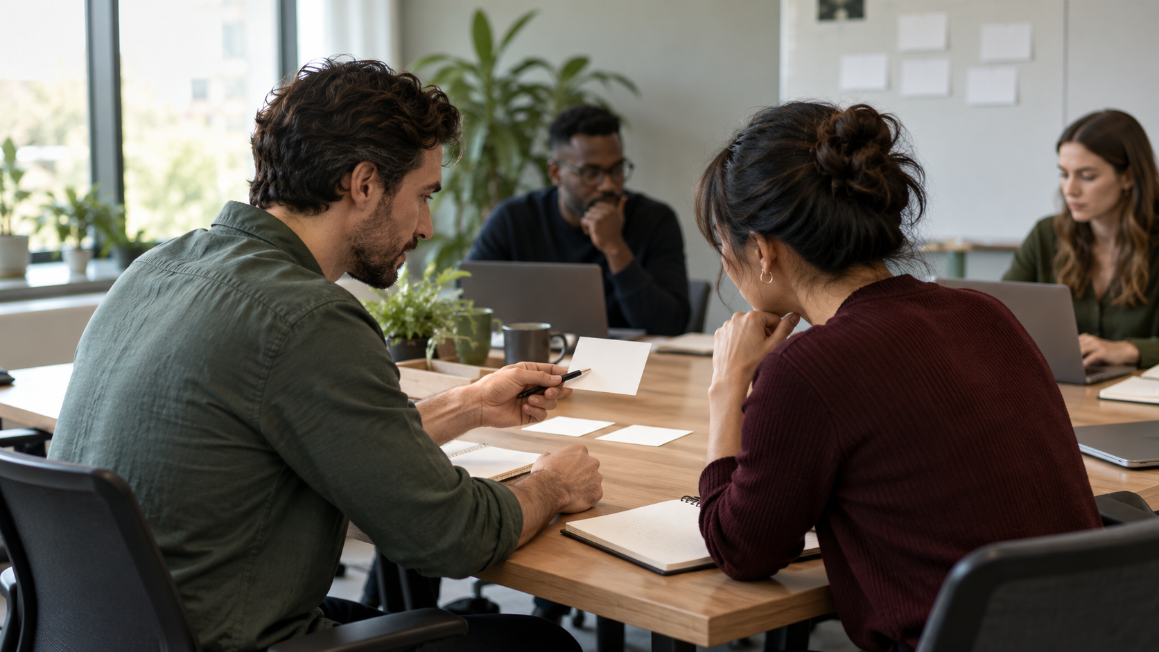 A project lead and teammate review one proposed action item together before the teammate accepts it