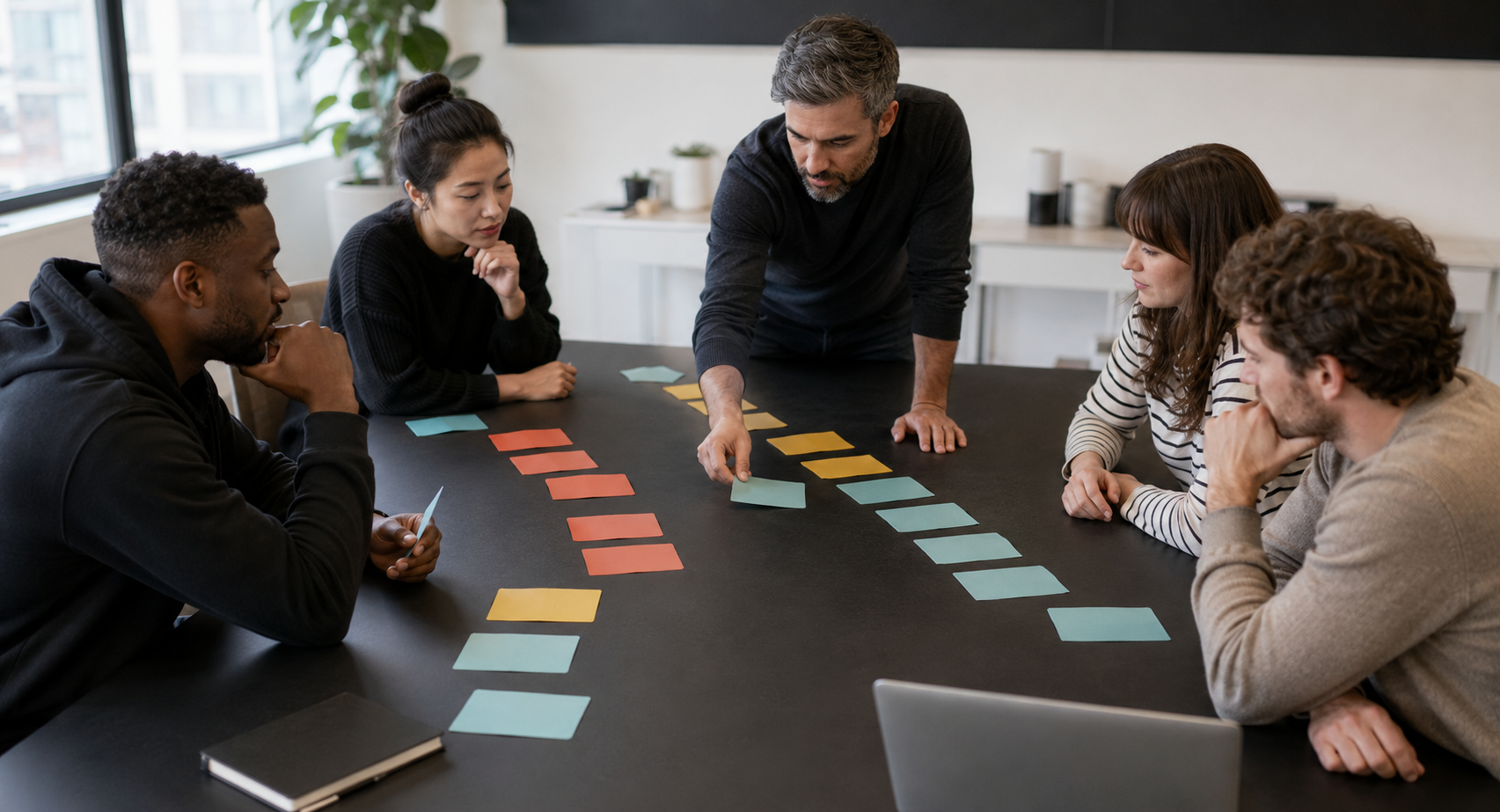 A diverse product team spreads distinct idea cards across a table before grouping or ranking them
