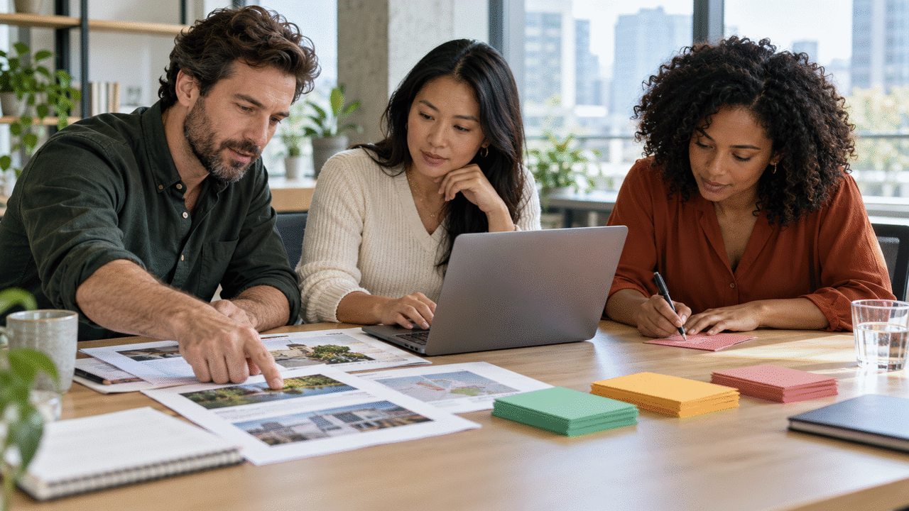 A team reviews an AI-prepared meeting brief, separating sourced facts from interpretations and open questions