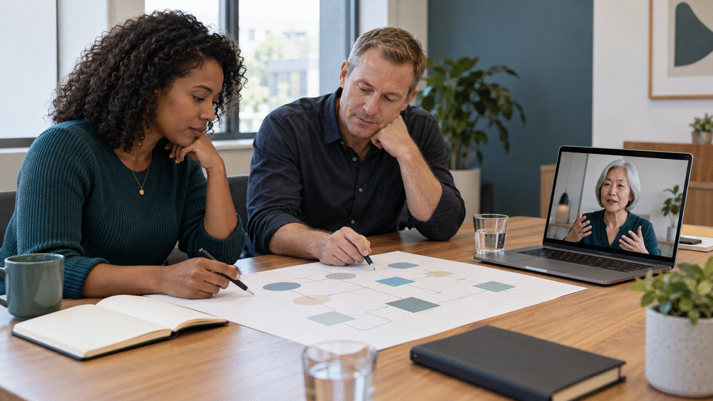 A hybrid team studies a shared decision map while a remote colleague contributes