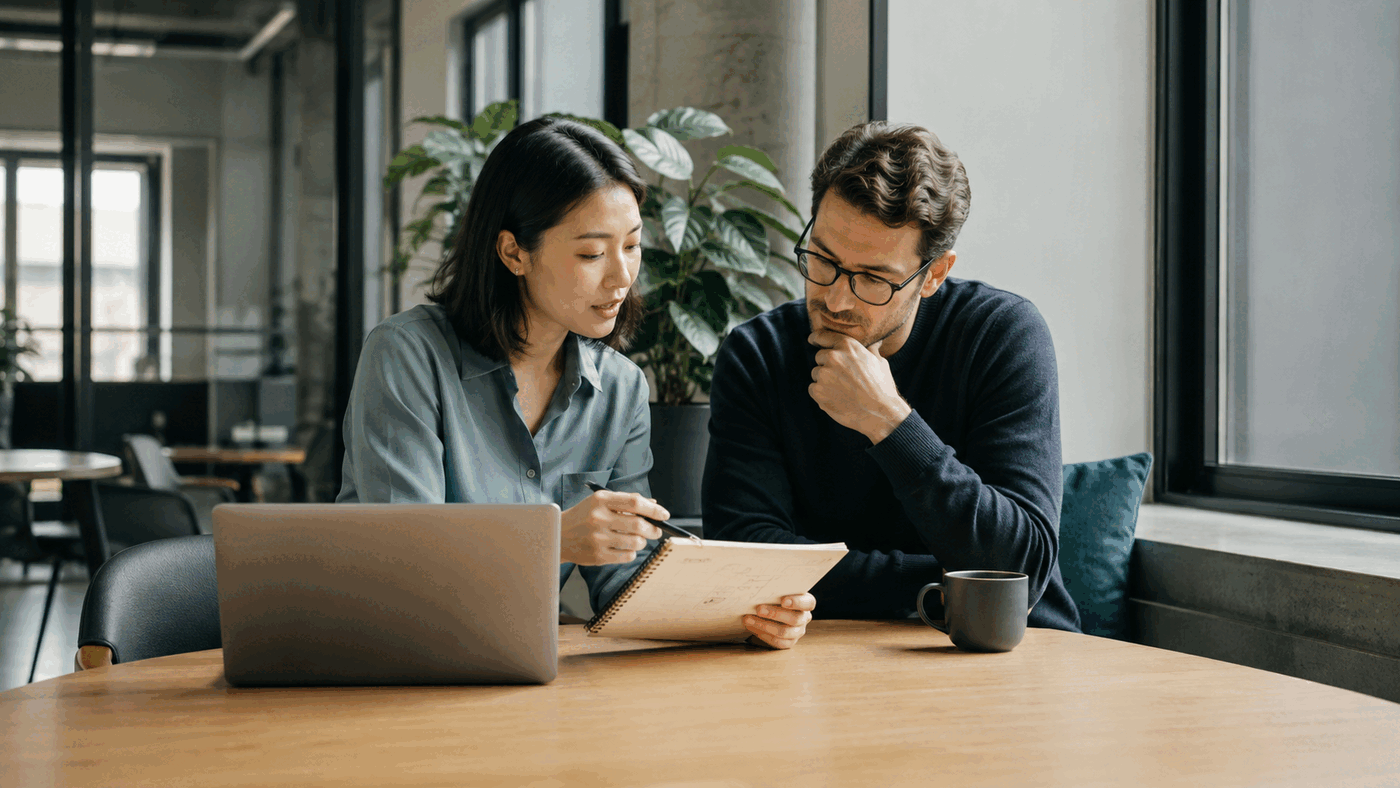 A professional reviewing a concise meeting recap with a colleague after returning to the conversation