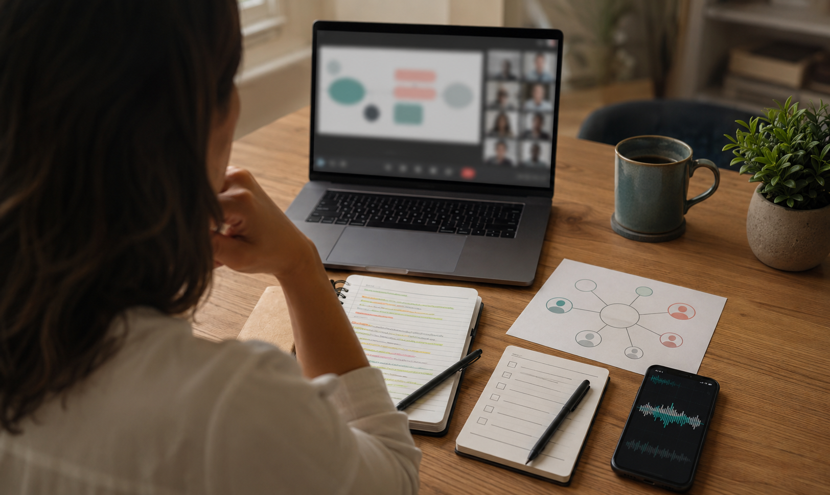 A professional reviewing different AI meeting workflows across a laptop and notebook