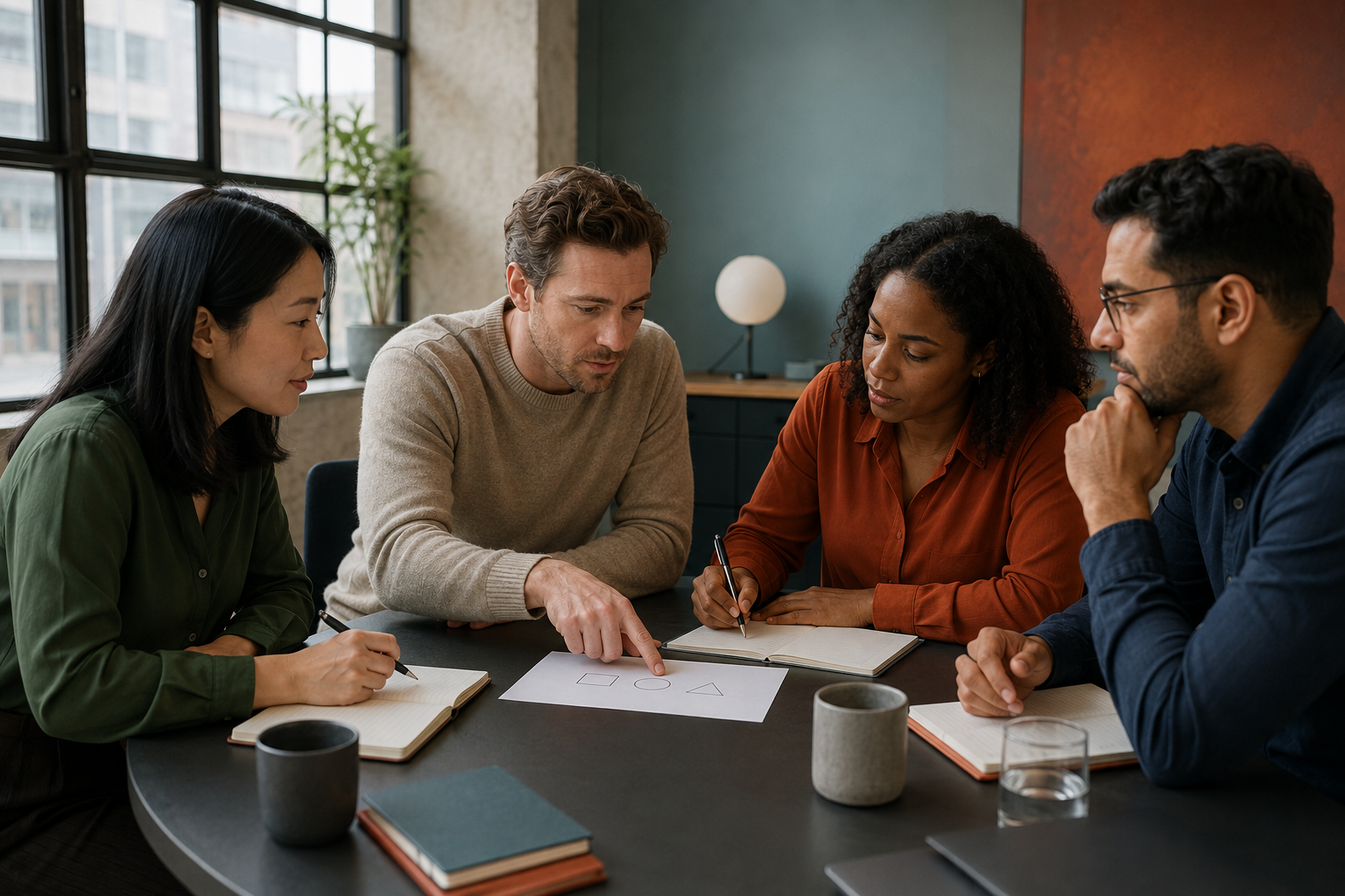 Four colleagues checking shared understanding around three simple decision markers before ending a meeting