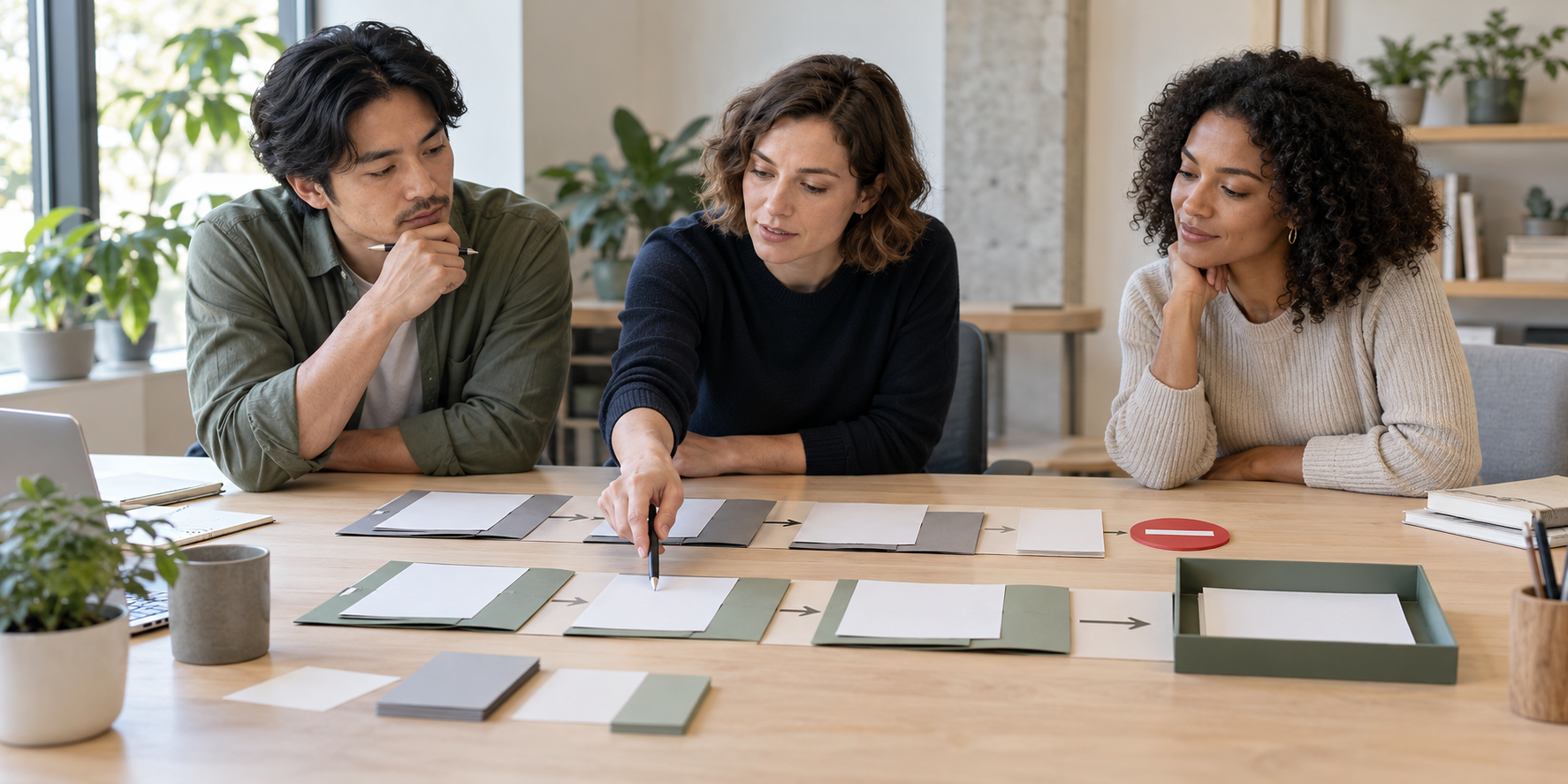 Three coworkers compare an old and AI-assisted process before choosing one operating path