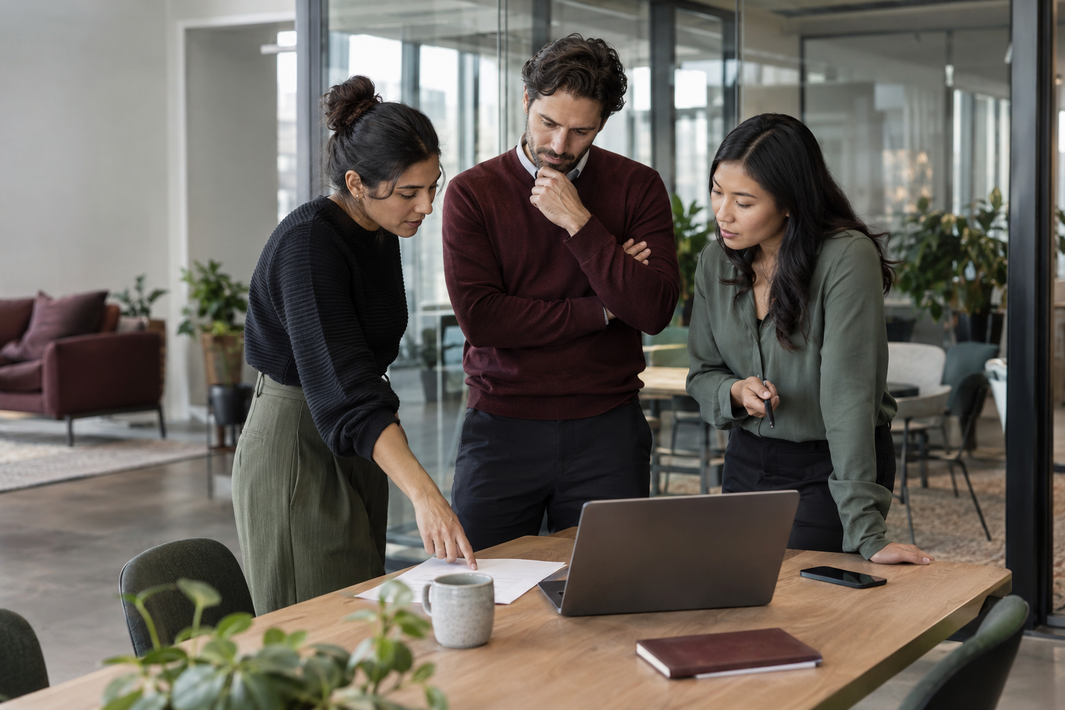 Three colleagues use a brief live huddle to resolve an exception after routine reporting has moved asynchronous