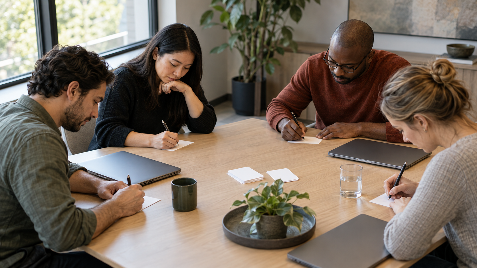 A project team quietly writes possible failure causes before committing to a launch plan