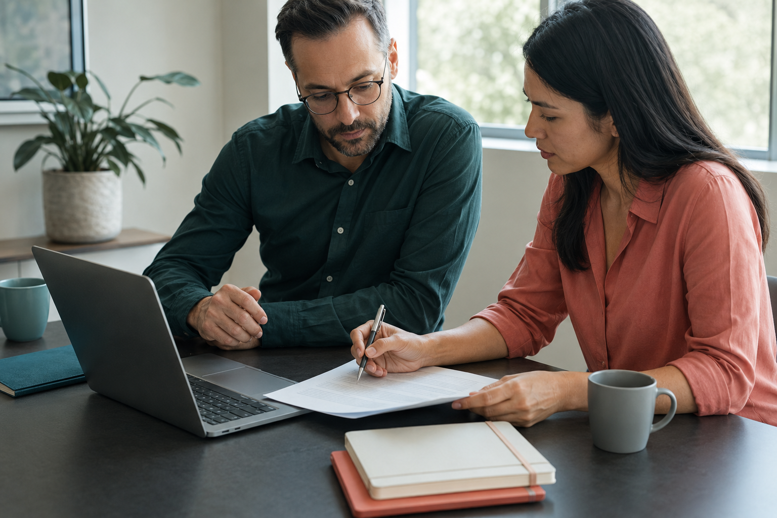 Two colleagues verify an AI-assisted meeting recap against a printed source document