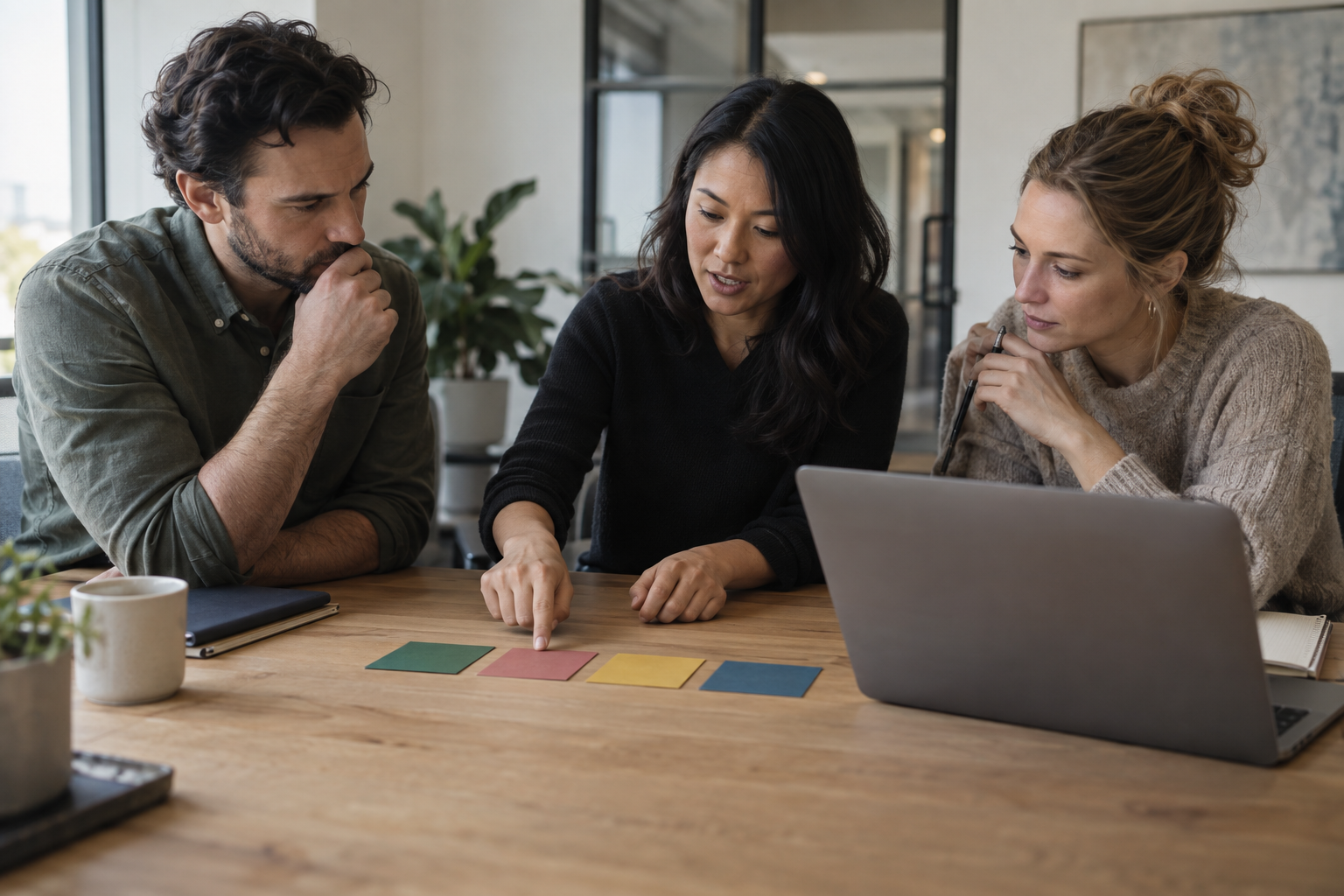 Three colleagues choose four simple working-style settings for an AI meeting copilot
