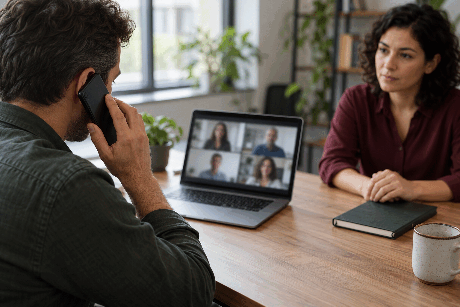 A team lead verifies a meeting participant through a separate trusted phone call while a colleague waits
