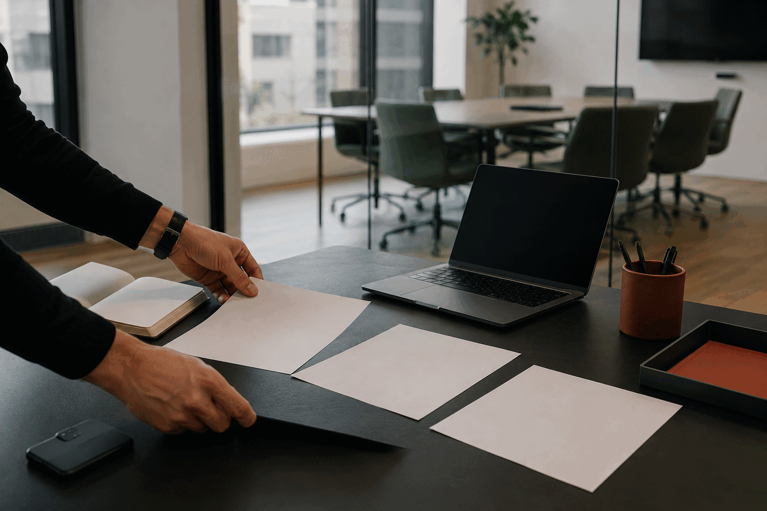 A professional arranging simple meeting materials in an adjacent workspace while the meeting room remains visible