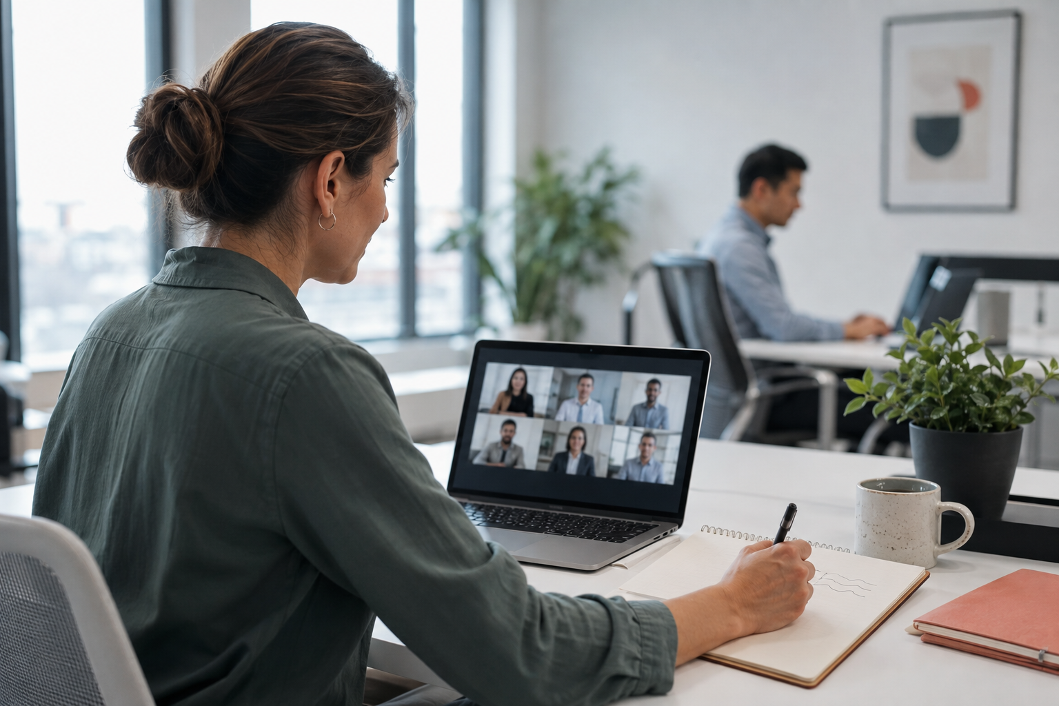 A professional returning to a focused video meeting with a calm, clear path back into the conversation