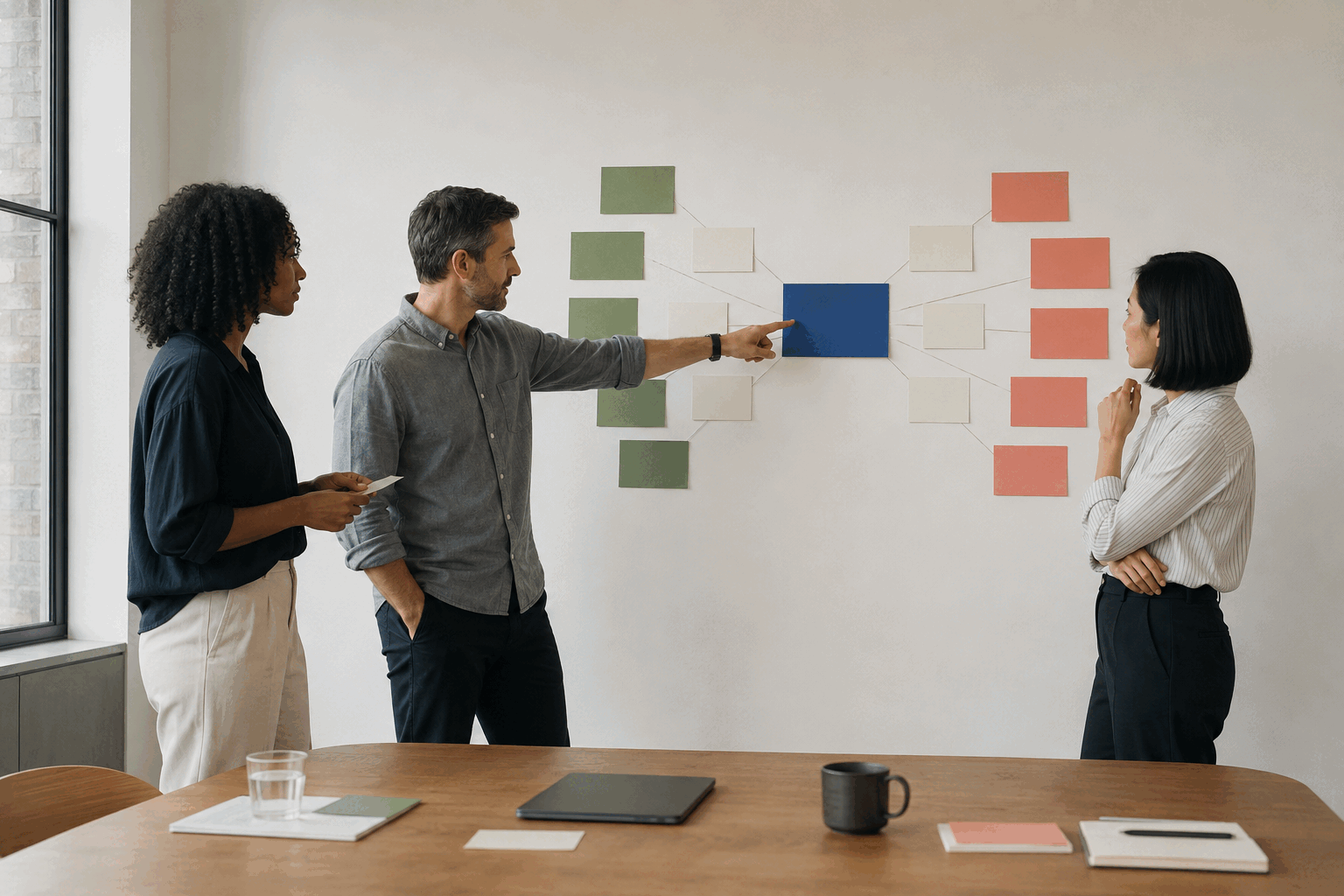 Three colleagues aligning several discussion paths around one shared outcome in a bright meeting room